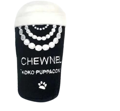 designer inspired plush coffee cup dog chew toys